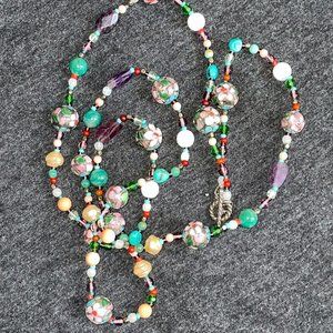 Cloisonne and a variety of Gemstone beaded  multicolor necklace w/silver clasp